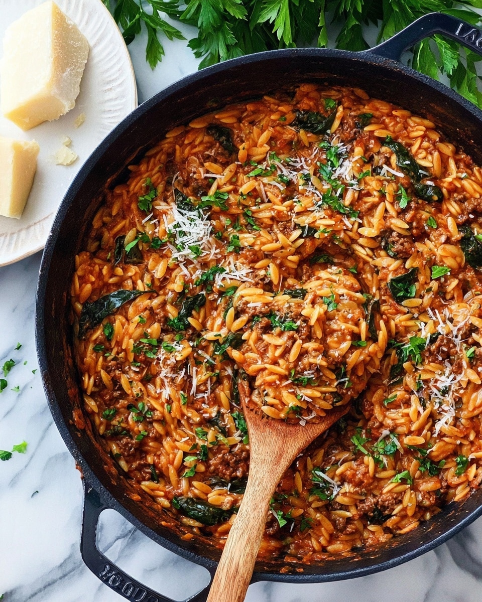 The image shows a deep round black cast iron pan filled with a warm, saucy orzo pasta dish. The dish has three main layers: the base is small, rice-shaped orzo pasta coated in a thick, reddish tomato sauce; mixed in are bits of browned meat and wilted green spinach leaves scattered evenly. The top layer is sprinkled with fresh chopped green parsley and some finely grated white cheese. A wooden spoon is inside the pan, lifting some of the pasta mixture, sitting towards the right side of the pan. The background is a white marbled surface with some parsley leaves and a white plate with a wedge of pale yellow cheese nearby. Photo taken with an iphone --ar 4:5 --v 7