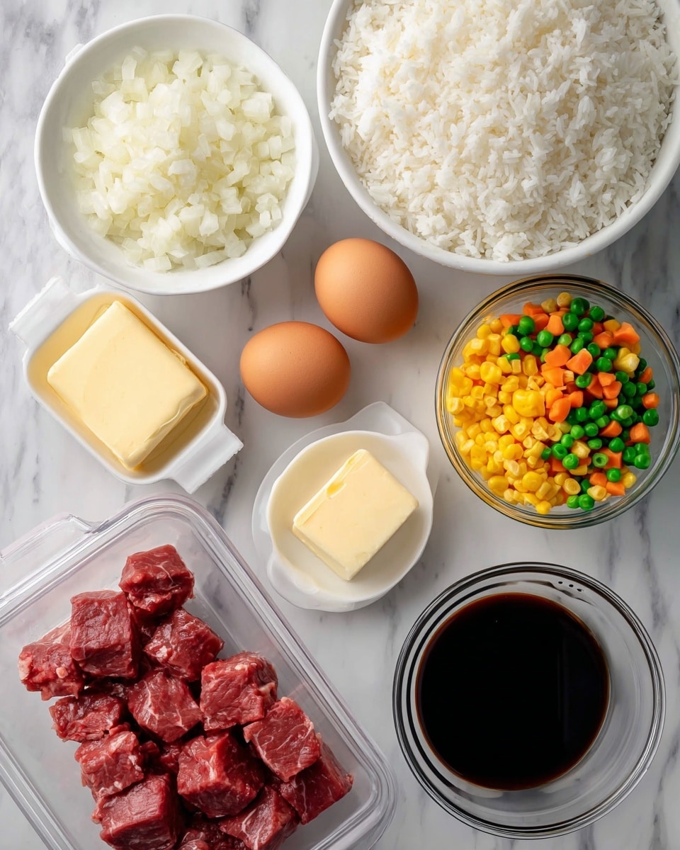 The image shows seven clear containers arranged on a white marbled surface. In the top right is a large white bowl filled with white cooked rice, next to it on the left is a medium white bowl filled with finely chopped white onions. Below the onions, a white colander holds four brown eggs. Centered below the rice and onions is a small white dish with a rectangular block of yellow butter. To the right of the butter, a clear glass bowl contains colorful mixed vegetables with yellow corn, green peas, and small orange carrot pieces. At the bottom left, a clear plastic tray contains cubes of raw red meat with some marbling. Finally, at the bottom right, a clear glass bowl holds dark soy sauce. photo taken with an iphone --ar 4:5 --v 7