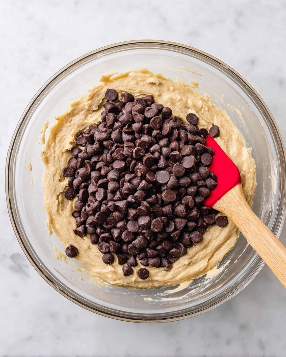 A clear glass bowl filled with a thick light beige batter forms the first layer, which looks smooth with slight texture. Piled in the middle on top of the batter is a large, loose mound of dark brown chocolate chips filling most of the bowl’s center. A wooden spatula with a red silicone head rests on the batter near the chips, slightly pressed into the mixture. The bowl sits on a white marbled surface. photo taken with an iphone --ar 4:5 --v 7