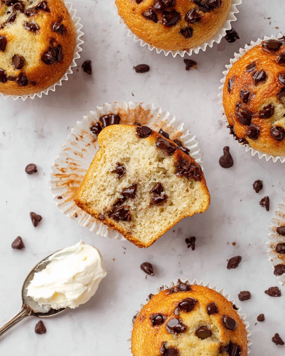 The image shows several small muffins with a golden-brown top covered with dark chocolate chips. One muffin is opened in the center, showing a soft, light brown inside with melted chocolate pieces visible. The muffins have white paper liners around the base with some chocolate chips scattered around them on a white marbled surface. A silver spoon with a dollop of white cream or frosting is placed near the bottom left corner. The overall composition is bright and clean with a focus on the soft texture and chocolate chips on the muffins photo taken with an iphone --ar 4:5 --v 7
