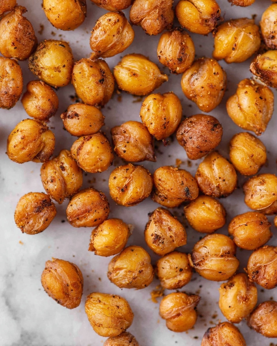 The image shows many roasted chickpeas spread out on a white marbled surface. Each chickpea is a golden brown color with a slightly rough texture and small dark spices sprinkled on them. They are round, slightly wrinkled, and appear crispy. There are no other items or layers visible in the image. photo taken with an iphone --ar 4:5 --v 7