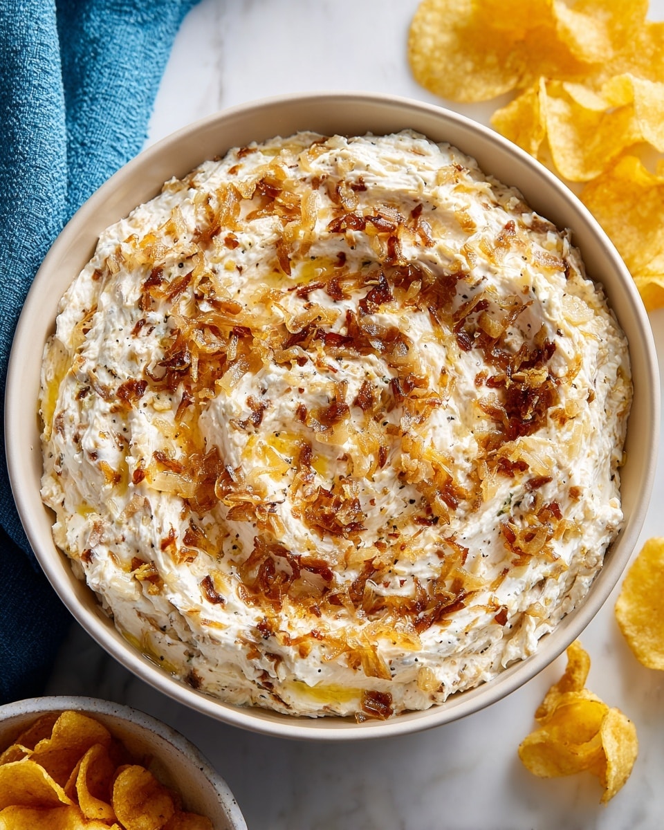 A close-up image of a bowl containing a creamy dip with a swirled texture, filled with visible bits of caramelized onions that give brown and golden specks throughout the white creamy base. The bowl is white, placed on a white marbled surface, next to some light yellow potato chips both in a bowl and scattered nearby. A blue cloth is partly visible to the left side, adding a contrasting texture and color. The dip looks thick and rich with a slightly uneven surface from the onion pieces. Photo taken with an iphone --ar 4:5 --v 7