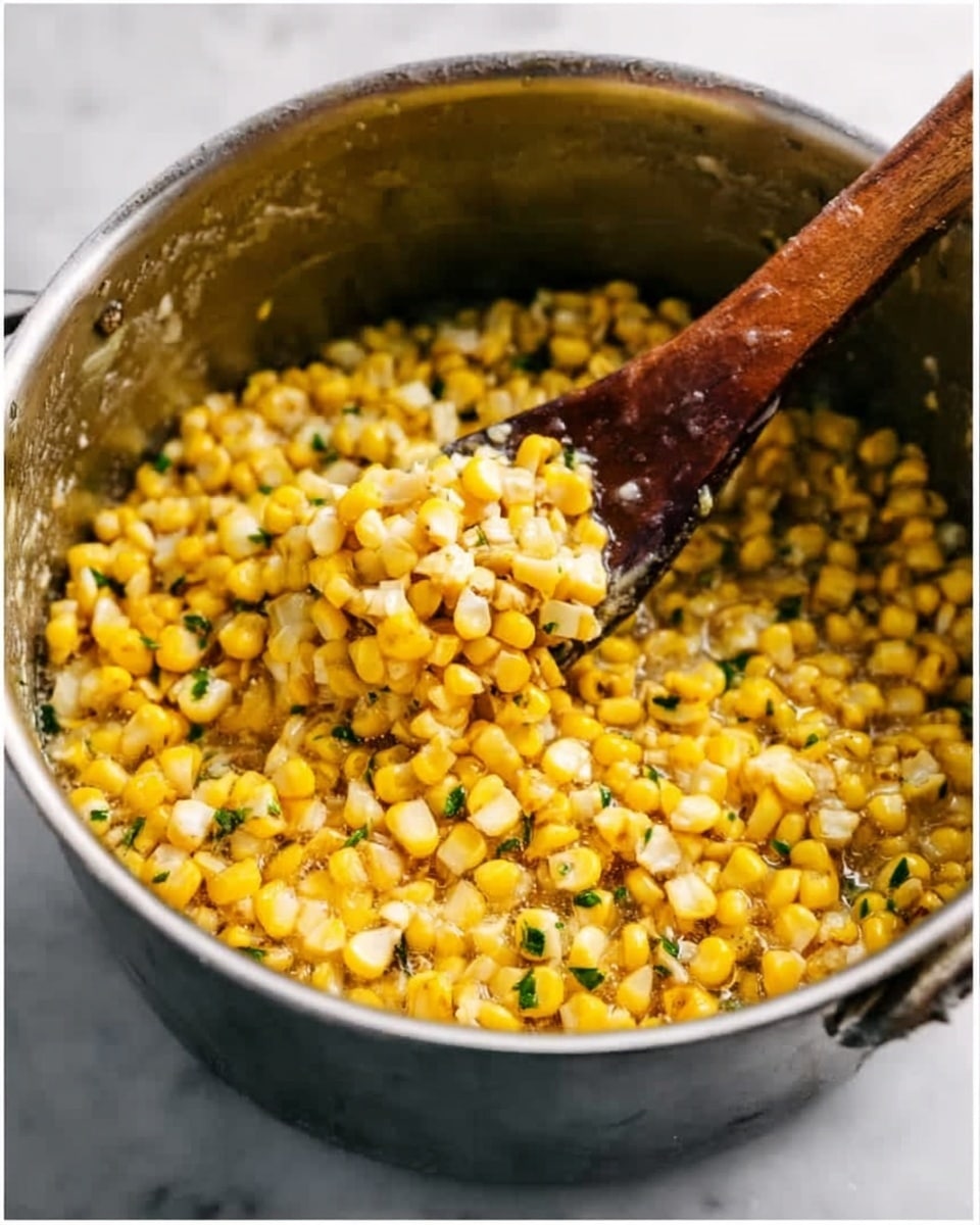 A shiny silver pot filled with cooked yellow corn kernels mixed with small green herbs is shown resting on a white marbled surface. A wooden spoon with a dark brown handle is inside the pot, slightly lifting some of the corn in the top left area. The corn looks soft and mixed with melted butter or liquid, creating a shiny and moist texture throughout. Steam rises slightly from the pot, indicating warmth. photo taken with an iphone --ar 4:5 --v 7