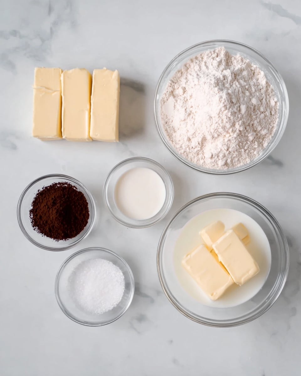 The image shows six clear glass bowls and two sticks of light yellow butter arranged on a white marbled surface. The largest bowl in the top right is filled with white flour. Below it, there is a medium bowl with a white liquid, likely cream. To the left of these, there is a small bowl with dark brown cocoa powder and another small bowl with water. Above the cocoa powder bowl, there is a smaller bowl containing white granulated sugar, and to the left of the sugar, two sticks of butter sit side by side. The overall arrangement is neat and evenly spaced. photo taken with an iphone --ar 4:5 --v 7