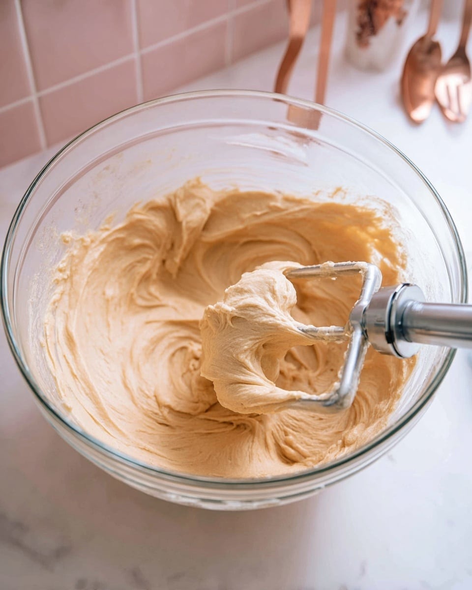 A glass mixing bowl filled with creamy light brown batter, showing smooth and fluffy texture. In the center of the bowl, a metal mixer attachment is covered in the batter, with clear swirls and soft peaks visible. The bowl sits on a white marbled surface, and in the background, there is a slight view of a pink tiled wall and some utensils with a copper tone. The scene captures a close-up and clear view of the mixing process. photo taken with an iphone --ar 4:5 --v 7