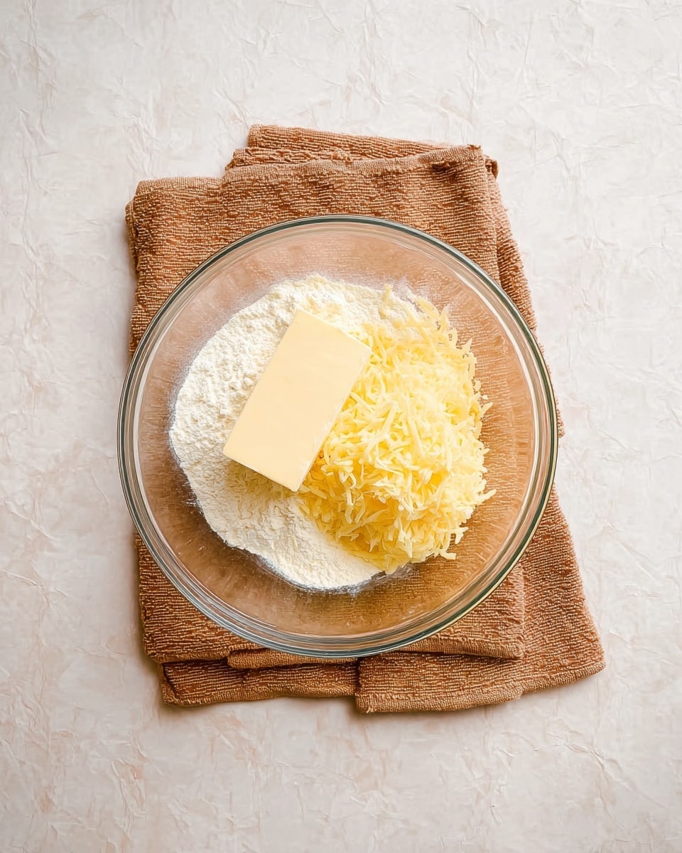 A clear glass bowl sits on a folded brown textured cloth over a white marbled surface. Inside the bowl are three main layers: a white powdery flour layer at the bottom, a heap of light yellow shredded cheese piled mostly to one side, and a small rectangular slab of pale yellow butter placed on top of the flour next to the cheese. The ingredients have soft textures and the composition is simple and clean. Photo taken with an iphone --ar 4:5 --v 7