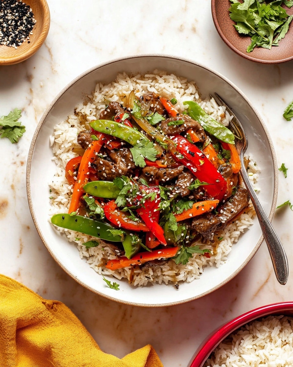 A white bowl filled with a base layer of light brown cooked rice, topped with a colorful stir-fry containing bright orange carrot slices, green snap peas, and red bell pepper strips, all mixed with small pieces of brown glazed meat. The stir-fry is sprinkled with black and white sesame seeds and fresh green cilantro leaves on top. A silver fork rests inside the bowl on the right side. The bowl is placed on a white marbled surface, near a small brown dish with black sesame seeds and a small ceramic bowl with green herbs, along with a yellow cloth at the bottom left corner. A separate red bowl with more cooked rice is partially visible at the bottom right. photo taken with an iphone --ar 4:5 --v 7