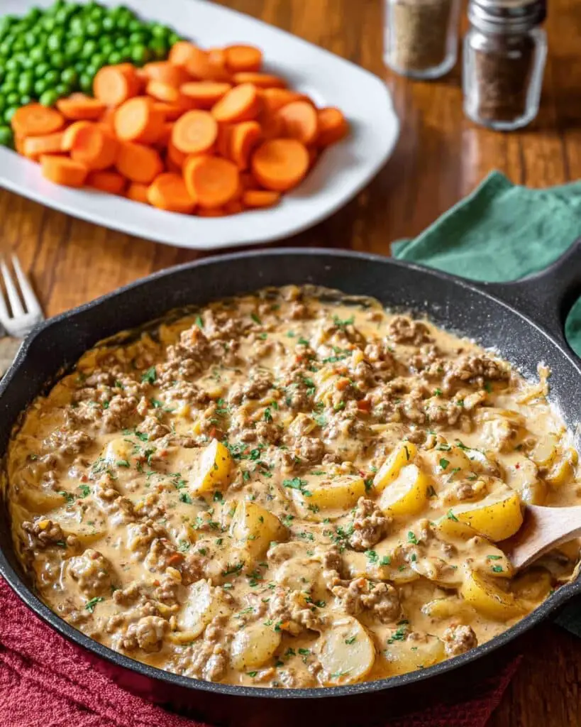 Ground Beef and Potatoes Skillet with Mushrooms and Cheddar Recipe