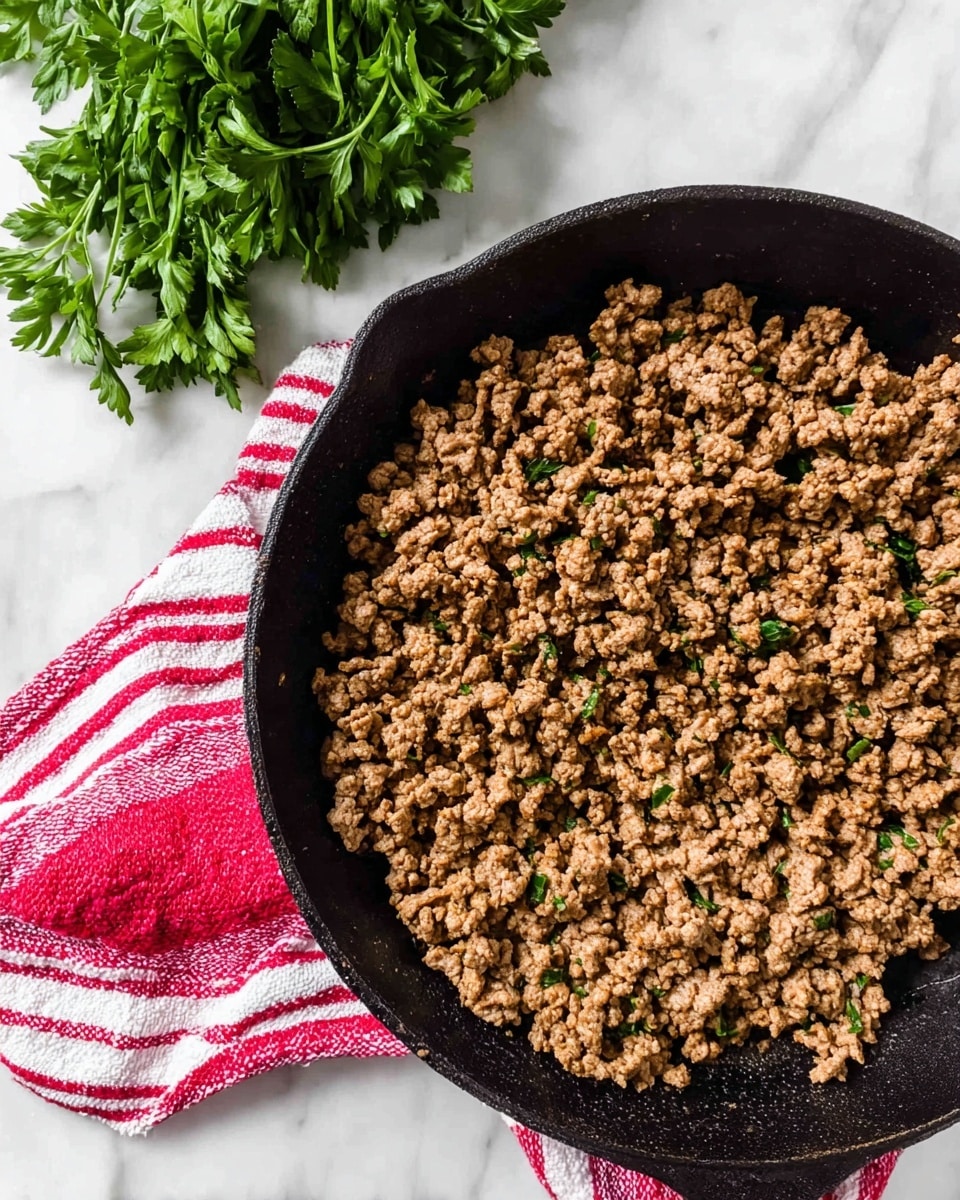 A black cast iron pan filled with cooked ground meat that is light brown and crumbly in texture, evenly spread inside the pan. The pan rests on a white marbled surface with a red and white striped cloth placed partially underneath it. On the upper left corner, there is a bunch of fresh green parsley with leaves showing clear texture and veins. Photo taken with an iphone --ar 4:5 --v 7