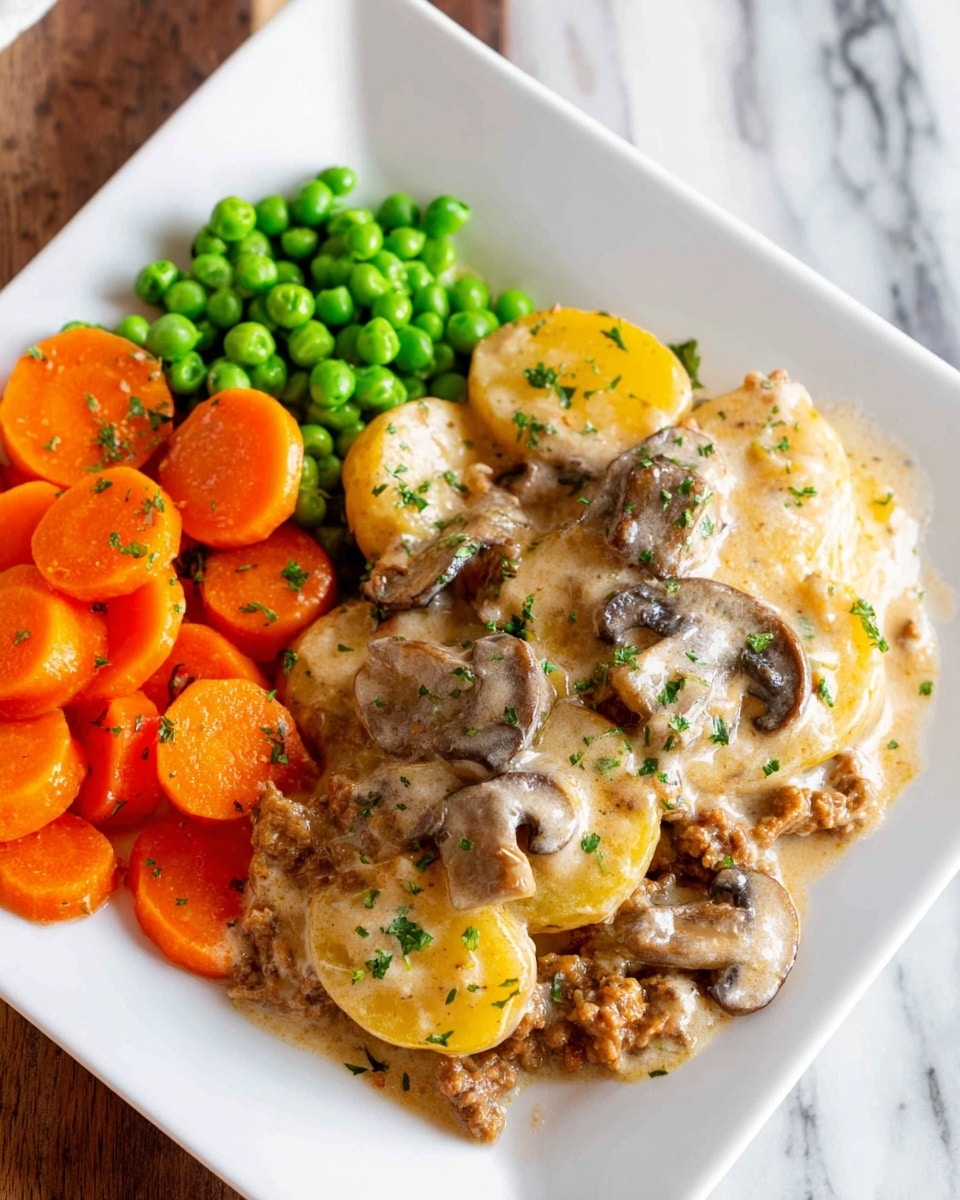 A white square plate holds a dish with two main parts. On the left side, there are bright orange carrot slices mixed with green peas, both smooth and fresh-looking. On the right side, there is a layered dish with creamy sauce, showing yellow round potato slices underneath a thick layer of cooked ground meat and brown mushroom slices, all covered with sauce speckled with green herbs. The dish looks warm and rich, with the sauce shining softly on the mushrooms and potatoes. The plate is placed on a white marbled surface. Photo taken with an iphone --ar 4:5 --v 7