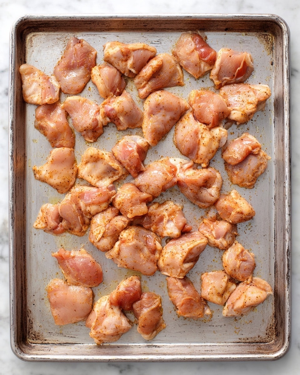 The image shows many small pieces of raw chicken thighs spread out in a single layer on a large metal baking sheet. The chicken pieces have a light reddish-brown color with some yellowish fat parts, and they look seasoned with a dry spice rub giving a slightly rough texture. The baking sheet has a worn silver look with light stains, and it sits on a white marbled surface. photo taken with an iphone --ar 4:5 --v 7