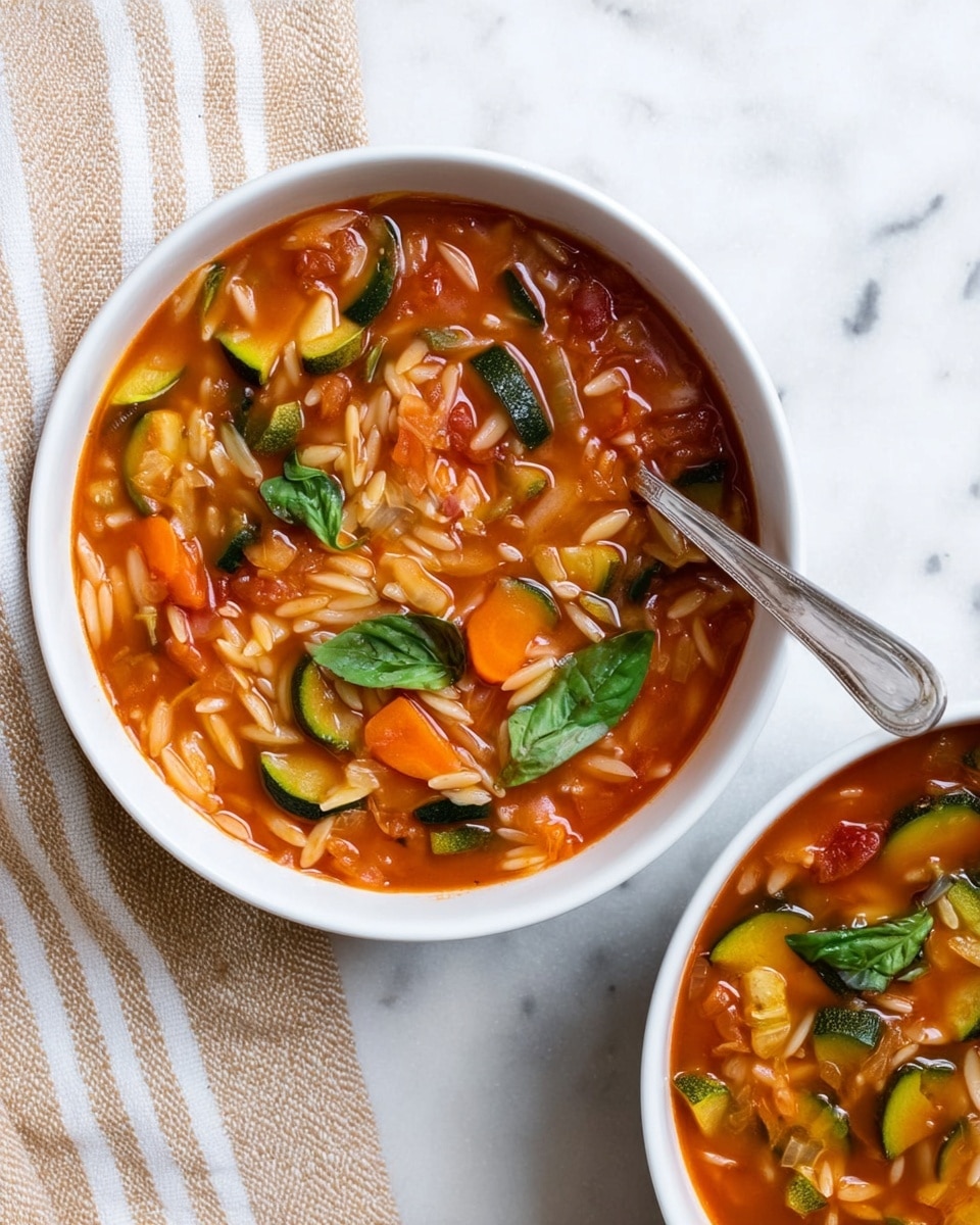 The image shows two white bowls filled with tomato-based soup containing small pieces of orange carrots, green zucchini slices, orzo pasta, and fresh green basil leaves scattered on top. One bowl is fully visible with a spoon resting inside, while the other bowl is only partly visible on the right side. The soup appears thick with a rich red-orange color, and the vegetables and pasta add small pops of orange, white, and green. The bowls rest on a white marbled surface next to a beige and white striped cloth. photo taken with an iphone --ar 4:5 --v 7