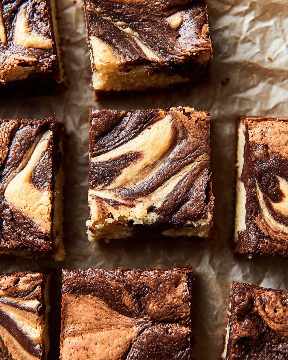 The image shows several square pieces of swirled dessert bars arranged closely on crumpled parchment paper. Each piece has two main layers mixed together: a light beige layer that looks soft and cake-like, and a dark brown layer with a rich chocolate texture and shiny swirls. The swirling pattern varies on each square, blending the two colors in unique waves and smoky lines, creating a marbled effect. The bars appear moist with slightly cracked tops, showing a mix of smooth and crumbly textures. The overall look is warm and inviting, with the dessert pieces neatly cut into even squares. Photo taken with an iphone --ar 4:5 --v 7
