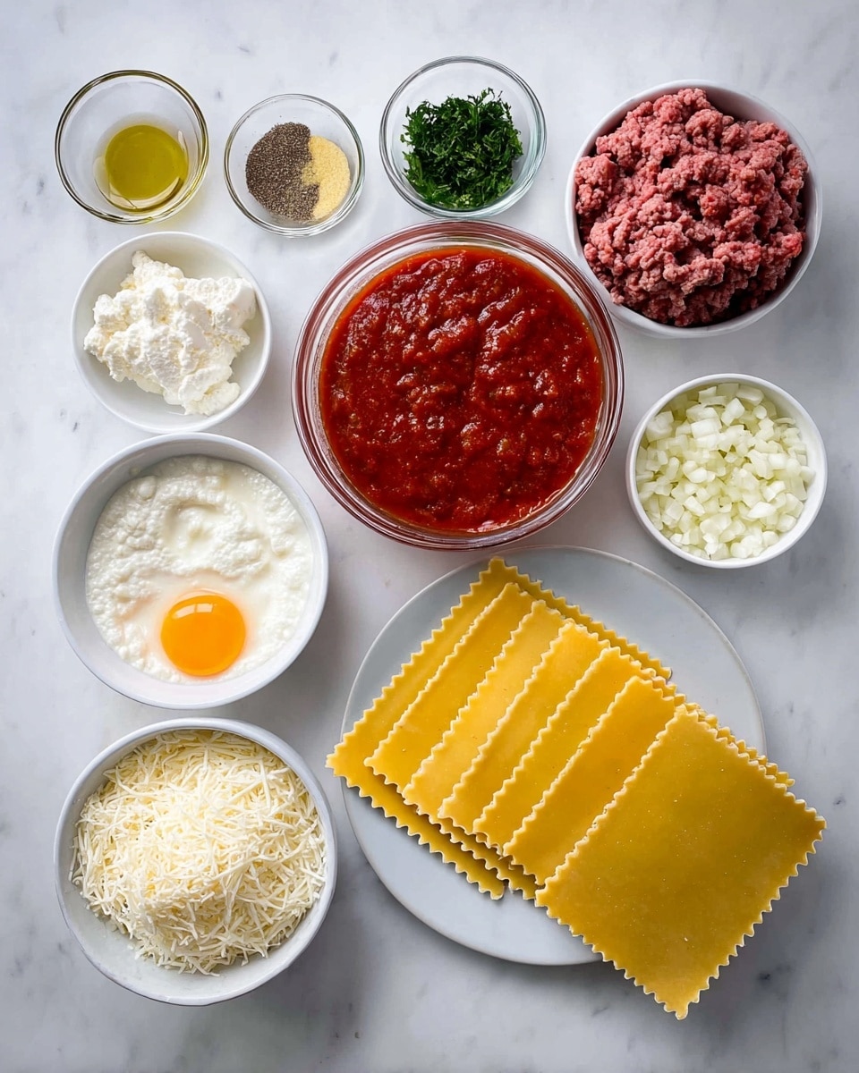 Several ingredients are arranged neatly on a white marbled surface. On the right, there is a white plate holding five uncooked yellow lasagna sheets with wavy edges stacked slightly overlapping. Next to it, a large clear glass bowl filled with thick red tomato sauce with visible chunks sits beside a smaller clear glass bowl containing raw ground beef with a coarse texture. Nearby, a white bowl is filled with shredded white cheese, and another clear bowl has smooth white ricotta cheese. There are small white bowls with diced white onions, a raw egg yolk with egg white, chopped green herbs, three small garlic cloves on the surface of one white bowl, olive oil, dried seasoning, ground black pepper, salt, and finely grated pale yellow Parmesan cheese. photo taken with an iphone --ar 4:5 --v 7