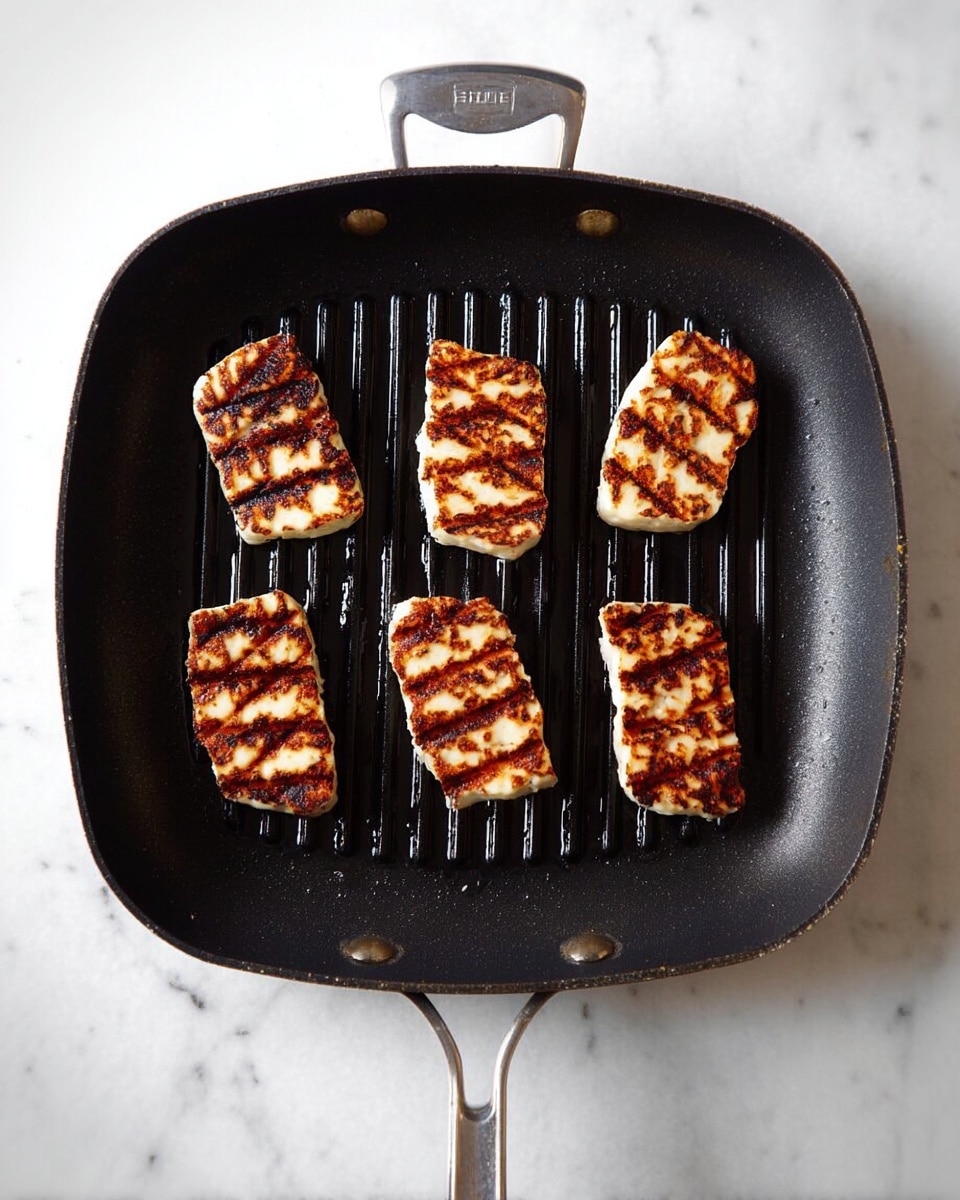 A black grill pan with a silver handle is placed on a white marbled surface. Inside the pan, there are six pieces of halloumi cheese, each with dark brown grill lines evenly spaced across the top. The halloumi pieces are arranged in two columns of three each, showing a mix of golden and slightly charred edges with a firm, textured surface. The grill pan has parallel ridges that create the grill marks on the cheese. Photo taken with an iphone --ar 4:5 --v 7