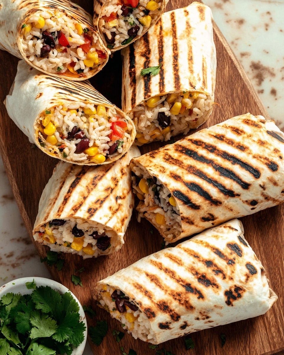 The image shows several grilled wraps cut in half on a wooden board, each wrap having a toasted white tortilla with dark brown grill marks. Inside the wraps, the filling is made up of white rice, yellow corn, black beans, small red pieces that look like diced tomatoes or peppers, and bits of green herbs. The wraps are arranged closely, showing the colorful filling inside each half. At the bottom, there is a small white bowl with fresh green cilantro leaves. The background is a white marbled texture. photo taken with an iphone --ar 4:5 --v 7