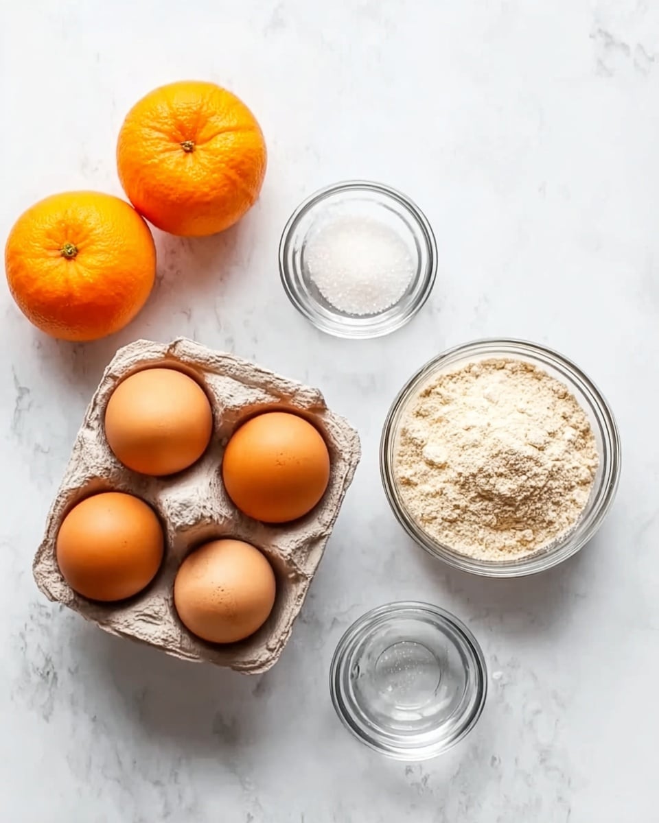 The image shows five brown eggs in a cardboard box placed on a white marbled surface, along with two bright orange oranges near the top left. To the right, there are three small clear glass bowls arranged in a row: the first bowl holds white granulated sugar, the middle one is empty or has a very small amount of a clear ingredient, and the last bowl is filled with light beige flour. The scene is well-lit with a clean and simple arrangement, all items sitting on the white marbled texture photo taken with an iphone --ar 4:5 --v 7