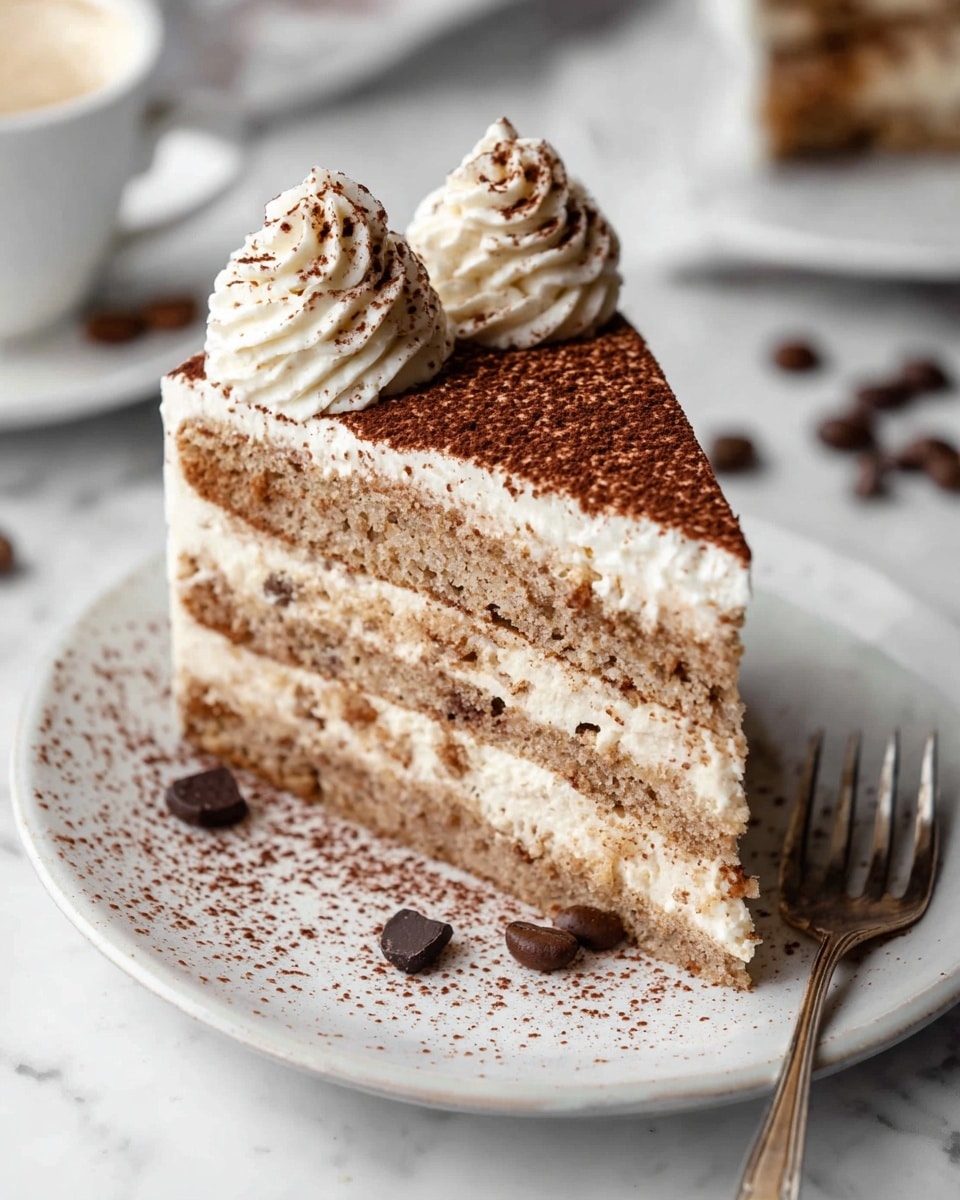 A slice of cake with three thick layers of light brown sponge separated by creamy white frosting, topped with two swirls of white cream sprinkled with cocoa powder. The top surface of the cake is dusted with cocoa powder, and the cake sits on a white plate with cocoa powder scattered around. There are small dark chocolate pieces on the plate and a silver fork resting to the right side. The white marbled background holds some chocolate-covered coffee beans and a blurred white plate in the back. photo taken with an iphone --ar 4:5 --v 7