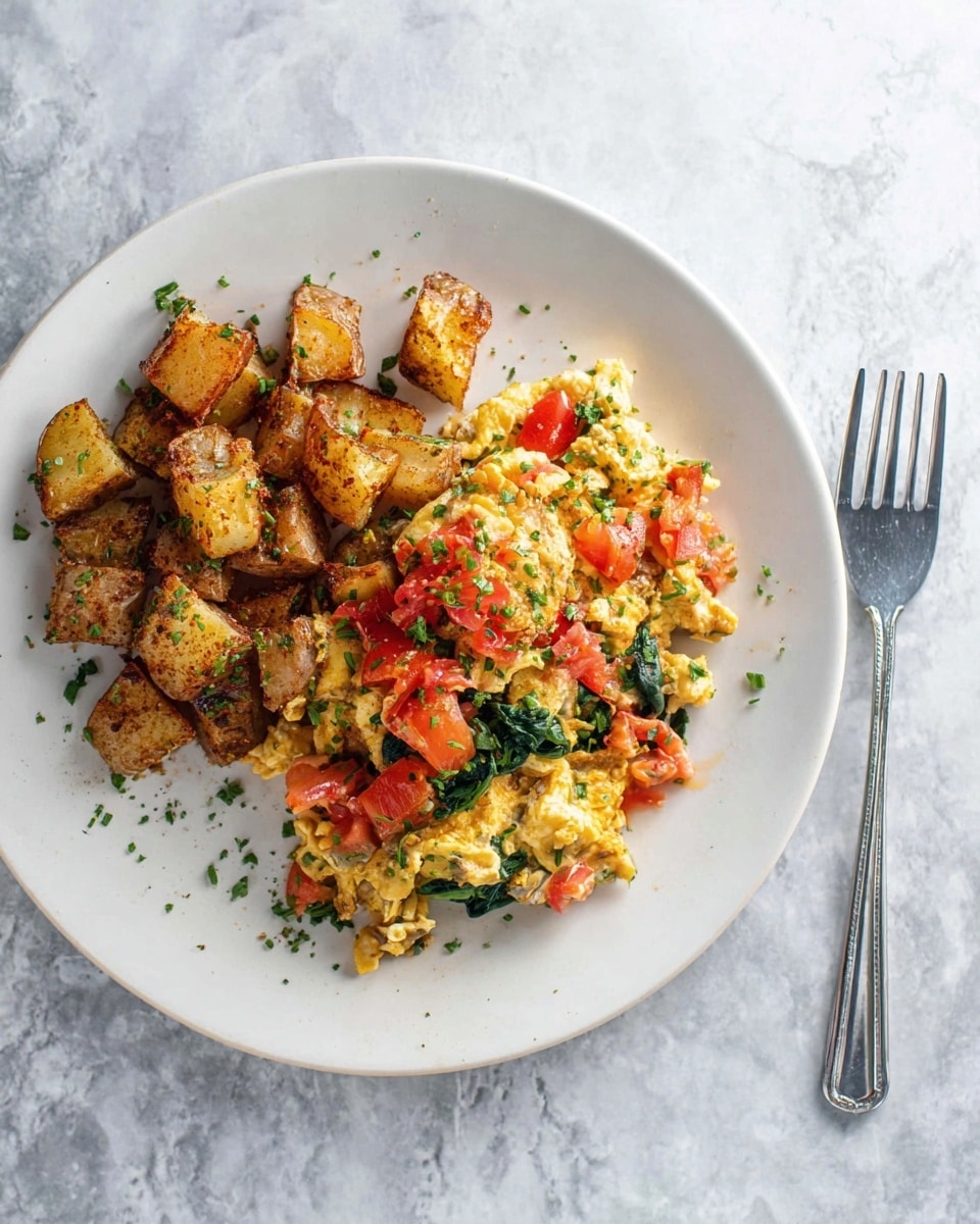 A white round plate holds two layers of food on a white marbled surface. The back layer has golden-brown potato cubes with crispy edges, seasoned and garnished with small green herb pieces. The front layer shows scrambled eggs mixed with bright red tomato pieces and dark green spinach leaves, all softly cooked with a slightly creamy texture. Small green herb bits are sprinkled over the plate adding color contrast. A silver fork lies to the right side of the plate. Photo taken with an iphone --ar 4:5 --v 7