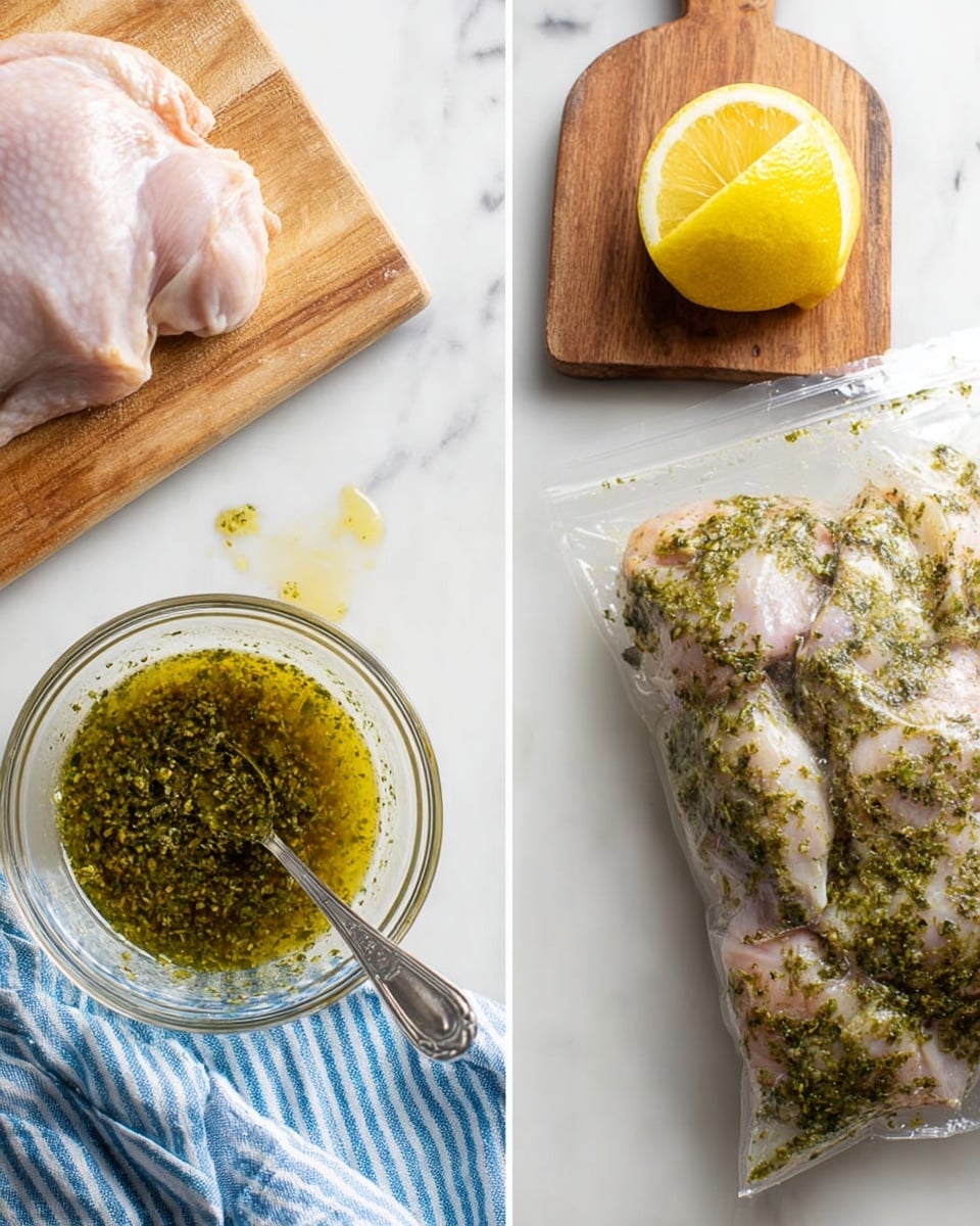 The image is split into two parts on a white marbled surface. On the left side, there is a raw pale pink chicken piece on a wooden board at the top left, next to a smaller wooden board holding a sliced bright yellow lemon. Below these boards is a clear bowl filled with a green herb and oil mixture, with a silver spoon resting beside it that has some of the mixture dripping from it. A blue and white striped cloth is partially visible in the bottom left corner. On the right side, several pieces of chicken are inside a clear plastic bag, fully coated and soaked in the same green herb mixture, with the blue and white striped cloth seen again tucked under the bag. Photo taken with an iphone --ar 4:5 --v 7