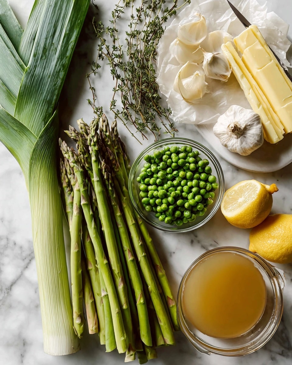 The image shows fresh ingredients on a white marbled surface, including several long green leeks laying flat on the left side. In the middle, there are bright green asparagus stalks stacked closely together. On the right, there is a clear glass bowl filled with green peas. Near the top right, there is a bulb of garlic with a couple of cloves separated nearby. Next to the garlic, there are sticks of yellow butter wrapped in paper. At the bottom right, a lemon is shown whole and halved, displaying its bright yellow inside. A glass bowl filled with broth or stock is at the bottom left, and a small glass bowl with a creamy white sauce is placed near the leeks. A few sprigs of fresh thyme lie to the left of the leeks. Photo taken with an iphone --ar 4:5 --v 7