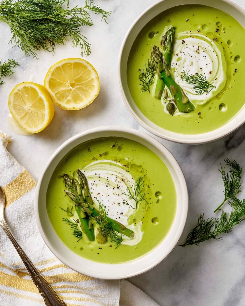 Two white bowls sit on a white marbled surface, each filled with a smooth, bright green soup. A swirl of white cream is added on top of each soup, mixed with light green oil drizzles. Thin asparagus pieces and small green dill sprigs lay on top of the cream, with a little black pepper sprinkled over. To the upper left of the bowls, two lemon halves rest on a white cloth with thin yellow stripes, next to a few more dill sprigs. Photo taken with an iphone --ar 4:5 --v 7