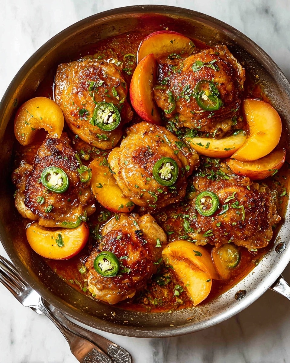 A round metal pan filled with six pieces of golden brown cooked chicken thighs, each topped with small green slices of jalapeño peppers and sprinkled fresh green herbs. Around and between the chicken pieces, there are bright orange peach slices with slightly caramelized edges, soaking in a shiny reddish-brown sauce. The pan sits on a white marbled surface, with a fork and knife visible at the bottom right corner. The image shows a close-up view highlighting the texture of the chicken skin and the juicy peaches. photo taken with an iphone --ar 4:5 --v 7