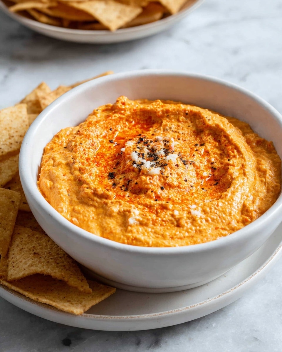 A white bowl filled with a thick, orange dip that has a slightly rough texture and small white bits mixed in. The dip is topped with a light sprinkle of crushed black pepper in the center. The bowl sits on a white plate with several golden brown chips around the edge. In the background, there is another white plate with more chips. All is placed on a white marbled surface. photo taken with an iphone --ar 4:5 --v 7