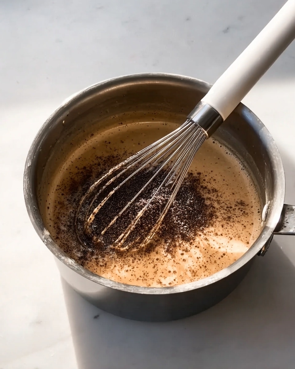 A metal pot filled with a creamy light brown liquid mixed with dark brown granules on top, being stirred by a white-handled whisk inside. The pot is placed on a white marbled surface, with soft light coming from the left side showing reflections on the metal. The mixture inside looks smooth with grainy bits floating on the surface. photo taken with an iphone --ar 4:5 --v 7