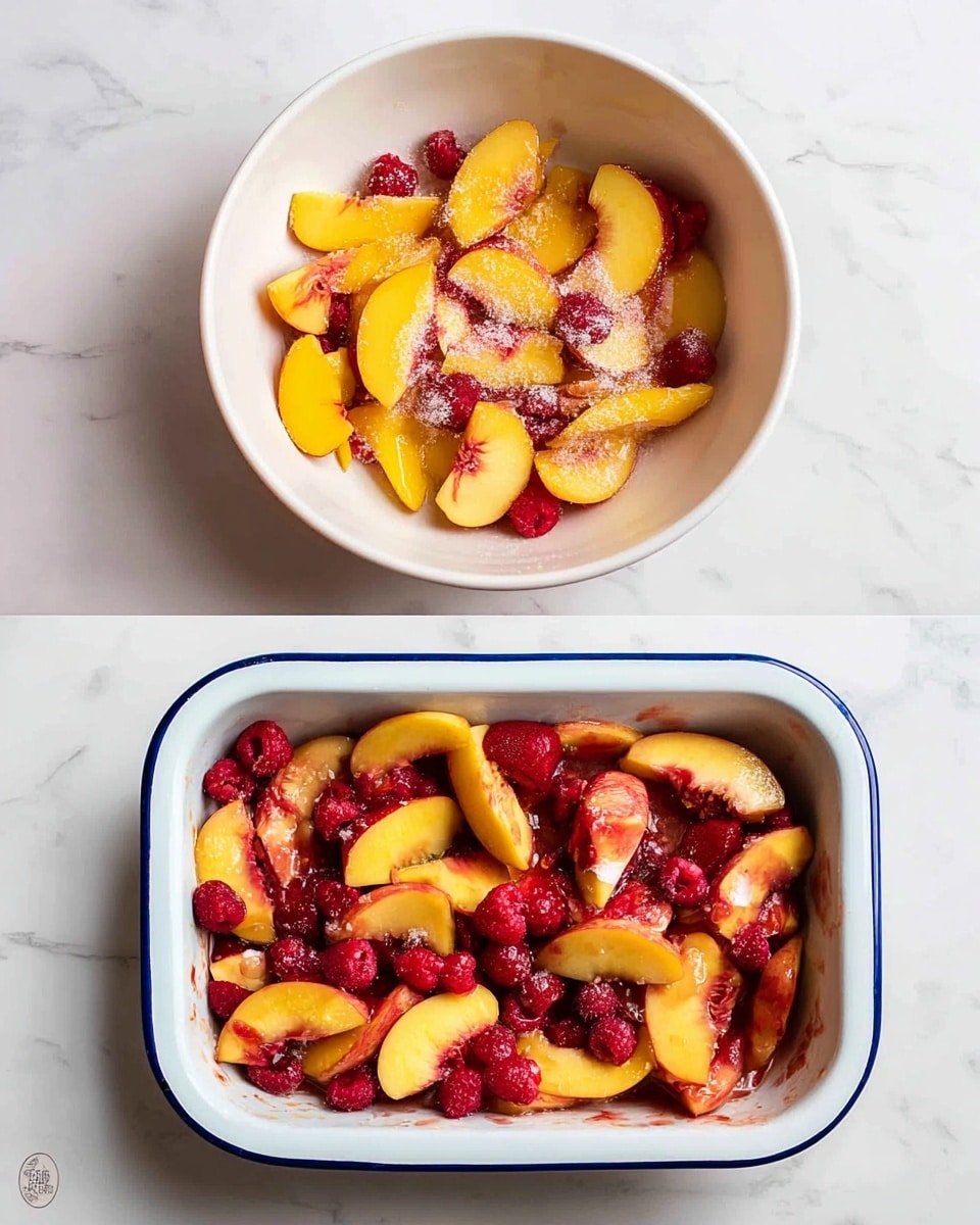 The first image shows a white bowl with sliced yellow peaches and red raspberries, with sugar sprinkled on top. The fruits are mixed together in the bowl, and the colors of bright yellow, deep red, and white sugar crystals stand out. The second image shows the same sliced peaches and raspberries with sugar, but now placed inside a white rectangular baking dish with a blue rim, arranged loosely with the fruit pieces spread out evenly. The background has a white marbled texture. Photo taken with an iphone --ar 4:5 --v 7