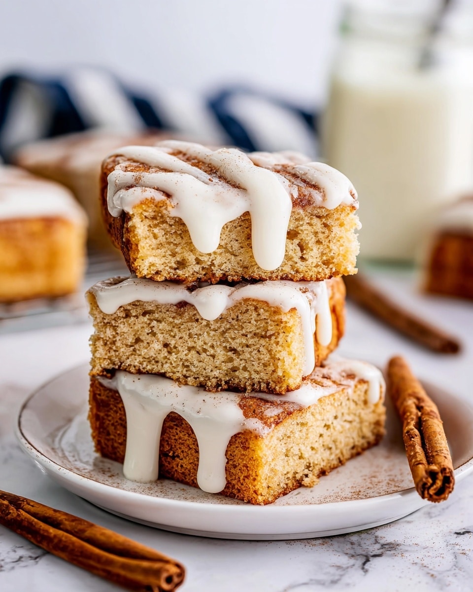 Three square pieces of cinnamon cake are stacked on a white plate, each layer showing a golden-brown, soft texture with a dusting of cinnamon sugar on top. Smooth white icing is thickly drizzled over the top and drips down the sides of the cake stack. A cinnamon stick lies next to the plate on a white marbled surface. In the background, a jar of cream and a blurred striped cloth add to the cozy scene. Photo taken with an iphone --ar 4:5 --v 7