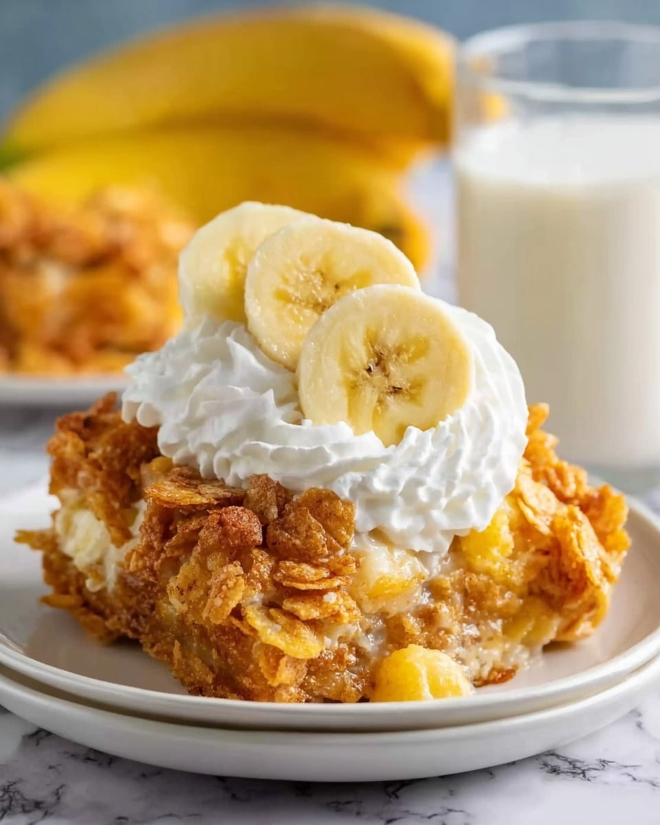 The dish is a single large serving of a golden crispy baked item made with layers of crunchy cornflakes mixed with soft chunks of banana, placed on a white plate. On top of this crispy base is a swirl of white whipped cream, crowned with two fresh banana slices showing their pale yellow interior. The plate sits on a white marbled surface, with a blurred background featuring a glass of white milk and whole bananas, adding a fresh touch to the scene. Photo taken with an iphone --ar 4:5 --v 7