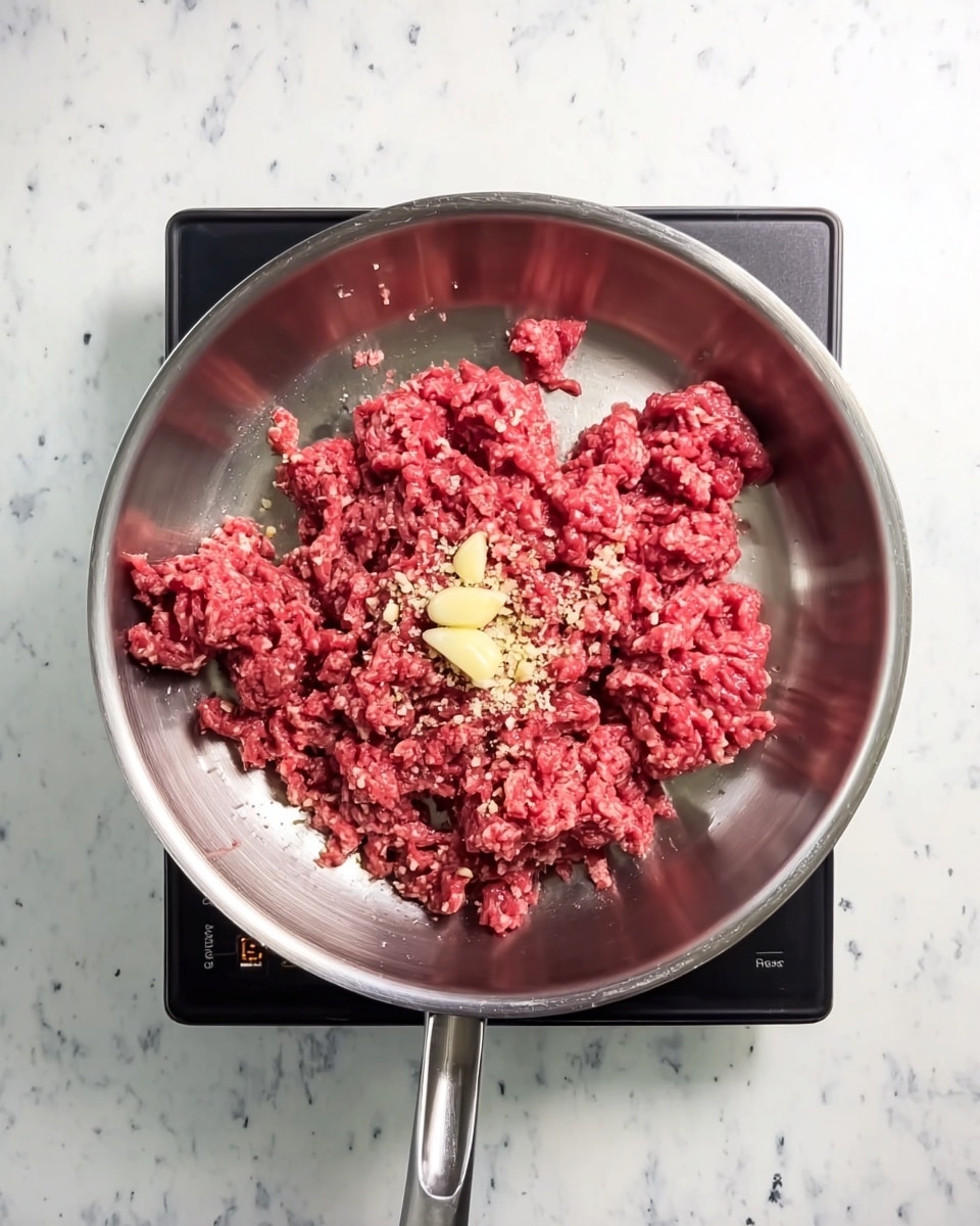 A metal pan filled with raw red ground meat spread unevenly inside, with small bits of light yellow garlic placed in the center on top of the meat. The pan is on a white marbled surface and is set on a rectangular black electric stove. The colors are mostly red and silver, with the garlic adding a touch of pale yellow. photo taken with an iphone --ar 4:5 --v 7