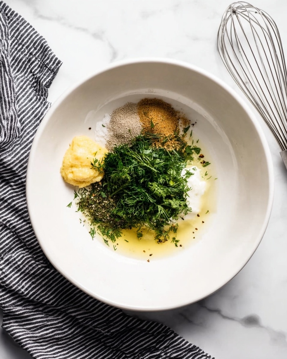 A white bowl sits on a white marbled surface, filled with several ingredients before mixing. The ingredients include a bright green bunch of finely chopped fresh herbs filling the top center, a small mound of light brown powder to the left, a dollop of creamy yellow mustard to the right, a pale yellow syrupy liquid below the brown powder and herbs, and tiny black pepper specks near the mustard. A silver whisk is placed to the right side of the bowl, and a black and white striped towel lies underneath the bowl on the left side. photo taken with an iphone --ar 4:5 --v 7