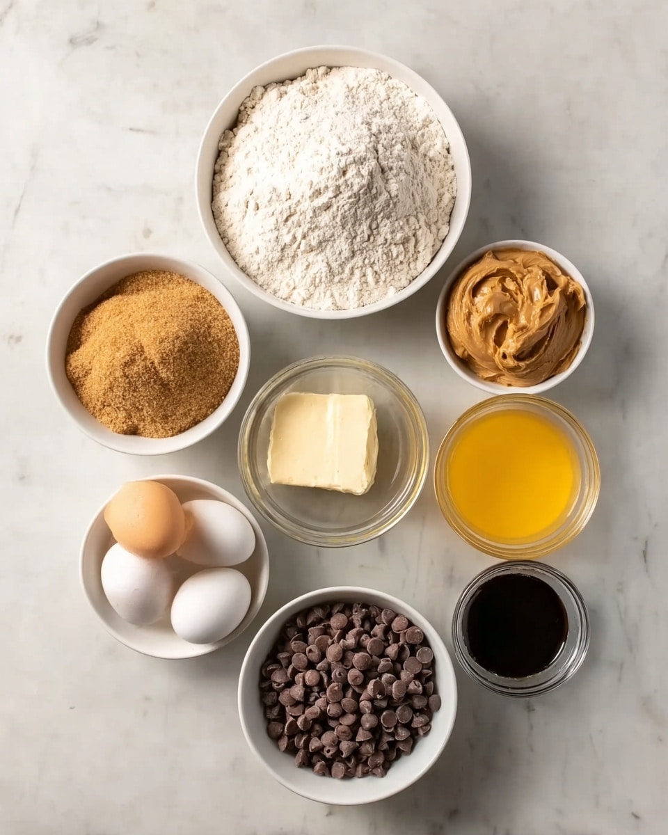 Seven white bowls arranged on a white marbled surface, each bowl showing a different baking ingredient. The top bowl is filled with white flour, and to its left is a bowl with two types of sugar: brown sugar and white sugar. To the right of the sugar is a bowl with a creamy light brown peanut butter. Below the flour bowl is a small bowl with two whole eggs. Next to it on the right is a clear glass bowl filled with melted yellow butter. Below the eggs is a bowl filled with dark brown chocolate chips, and to the right of it is a very small bowl with dark vanilla liquid. The photo is taken with an iphone --ar 4:5 --v 7