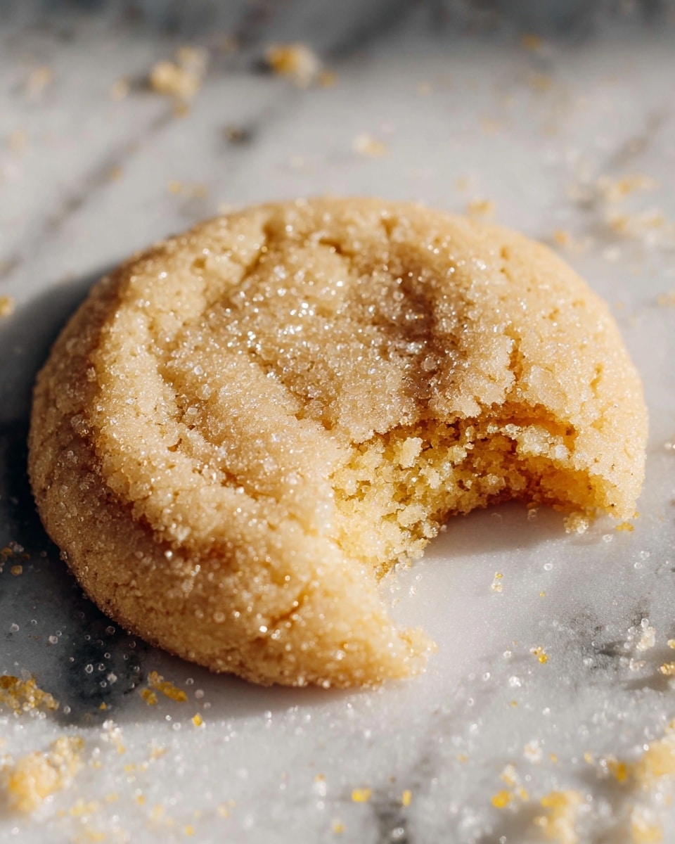 Lemon Sugar Cookies Recipe 5 A close-up of a single round cookie with a sugary, grainy texture on top and a light golden color. The cookie shows a bite taken out of the right side, revealing a soft, crumbly inside. It rests directly on a white marbled surface with some cookie crumbs scattered around it. The lighting highlights the rough, slightly uneven surface and the sugar crystals. photo taken with an iphone --ar 4:5 --v 7