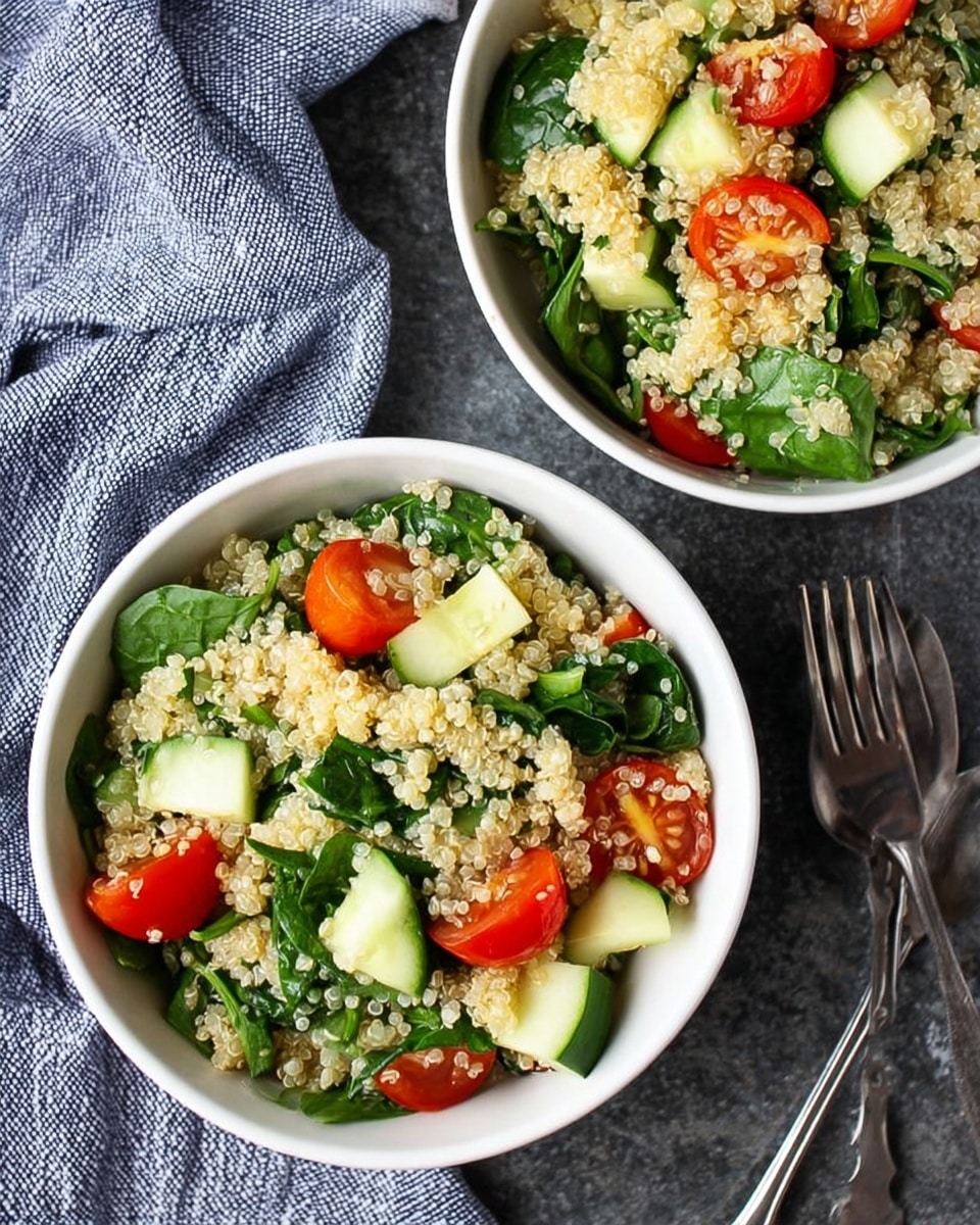 Two white bowls filled with a fresh salad made of light beige quinoa mixed with chopped bright green spinach leaves, pale green cucumber chunks, and halved red cherry tomatoes. The quinoa forms the main layer with the colorful vegetables spread evenly on top. The bowls sit on a dark textured surface next to a silver fork and a blue striped cloth. photo taken with an iphone --ar 4:5 --v 7