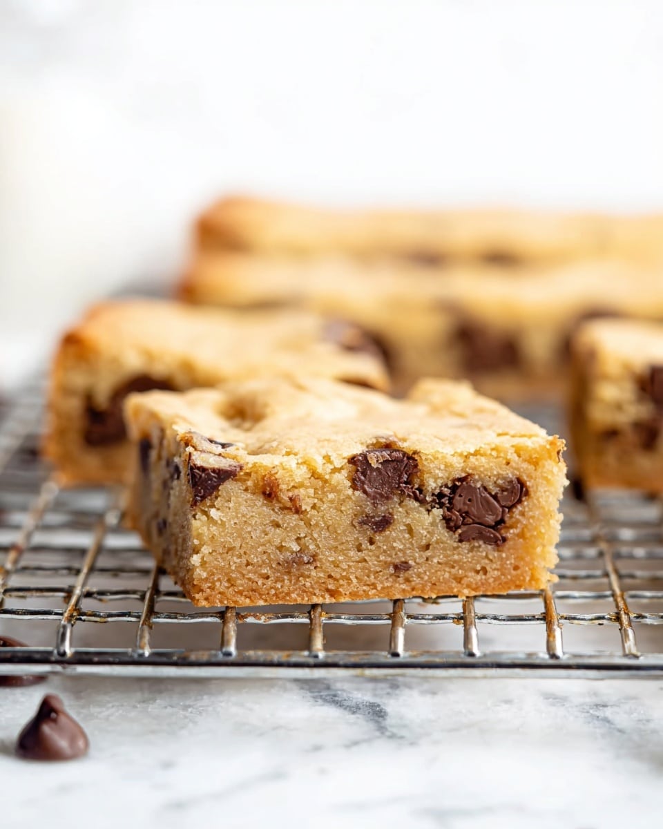 A close-up view of a square blondie on a silver metal wire cooling rack. The blondie has one visible layer with a light golden-brown color dough filled with scattered melted dark chocolate chips inside, showing a soft and dense texture. The background is a white marbled surface with more blondies blurred in the distance. photo taken with an iphone --ar 4:5 --v 7