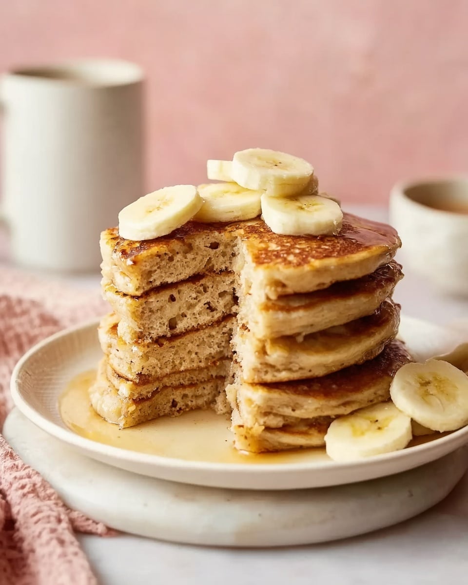 A stack of six golden brown pancakes is placed on a white plate resting on a white marbled surface. The pancakes show a soft, slightly fluffy texture with small air holes visible. Between each pancake layer, there is a thin visible space that hints at fluffiness. On top, there are several round slices of banana, with a small stack of two slices directly on the top pancake and more slices arranged loosely on the plate beside the stack. A small bite is taken out of the middle pancakes, revealing a light, tender inside. In the background, there is a white mug and a small bowl, all set against a soft pink backdrop. The photo was taken with an iphone --ar 4:5 --v 7