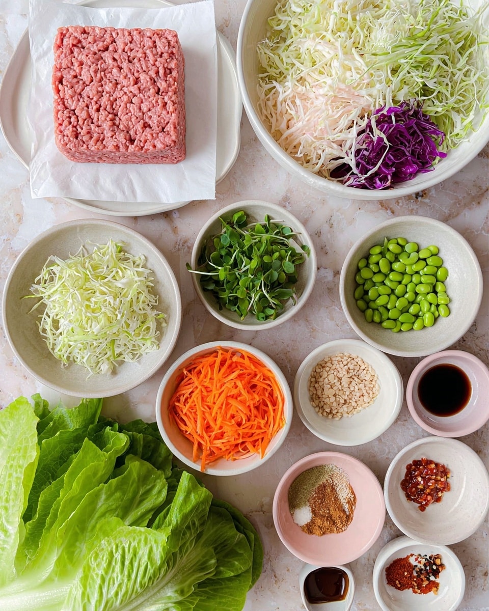 The image shows many small white bowls arranged on a white marbled surface. In the center-left, there is a white plate with a rectangular block of pink ground meat on white paper. Above it, a large white bowl is filled with shredded white and purple cabbage. To the right of the plate, there is a small white bowl with frozen green soybeans, and next to it, another white bowl with fresh green sprouts. Below, a smaller white bowl holds bright orange shredded carrots. On the bottom right, there is a pile of fresh green lettuce leaves. Scattered around are more small white and light pink bowls containing ingredients like soy sauce, ketchup, brown sugar, chopped white onions, sesame seeds, minced ginger, salt, and chili flakes. The setup is neat and colorful, showing varied textures and layers. Photo taken with an iphone --ar 4:5 --v 7