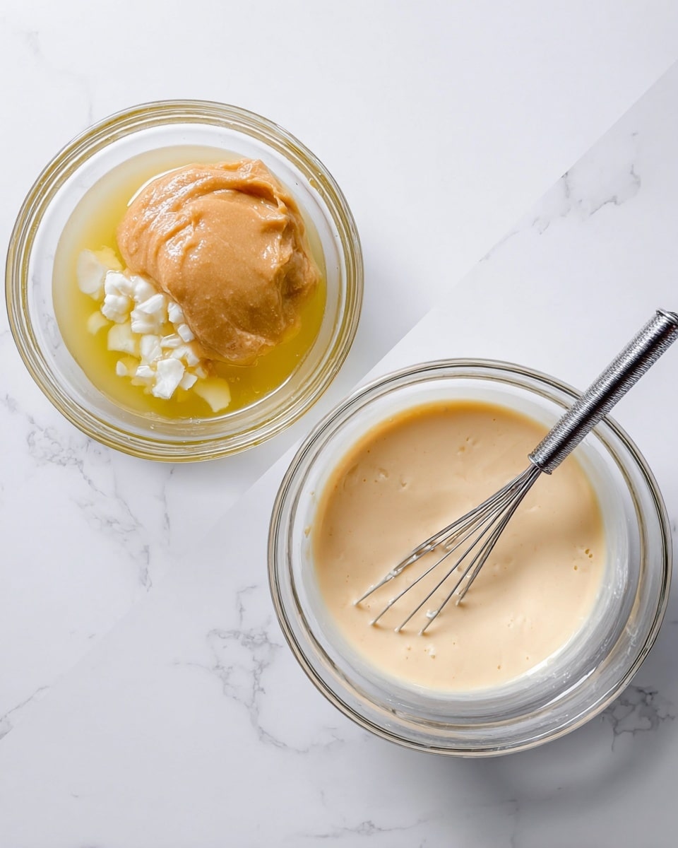 The image shows two clear glass bowls on a white marbled surface. The bowl on the left contains three separate layers: a thick, light brown paste on top, a clear light yellow liquid layer below it, and small white chunks gathered in one corner. The bowl on the right contains a smooth, creamy pale beige mixture being stirred with a small metal whisk resting inside. The overall setup is clean and bright with natural light. photo taken with an iphone --ar 4:5 --v 7