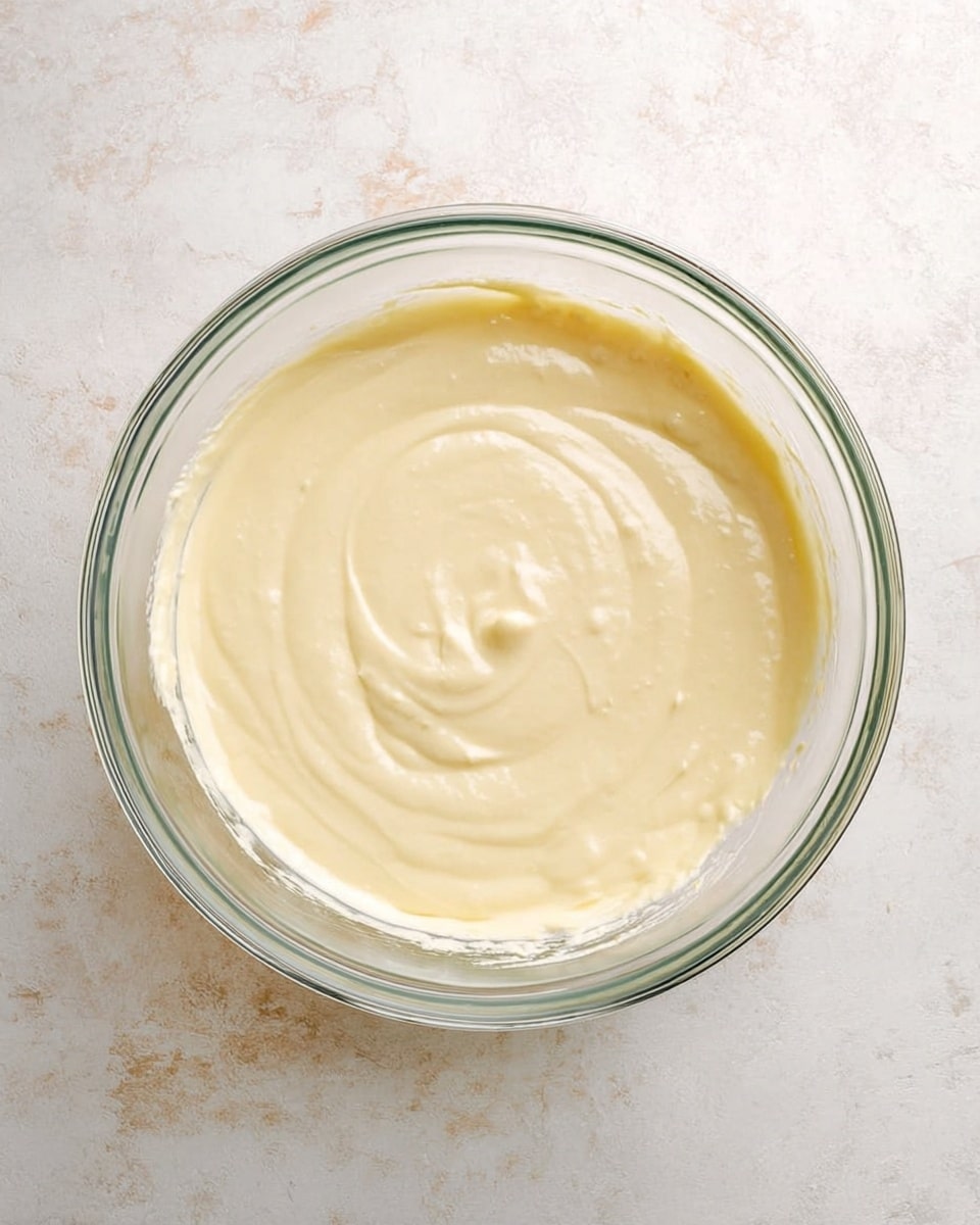 A clear glass mixing bowl filled with one smooth, creamy, pale yellow layer of thick batter or sauce. The surface has soft swirls and a glossy texture. The bowl sits on a white marbled surface, giving a clean and bright look. Photo taken with an iphone --ar 4:5 --v 7