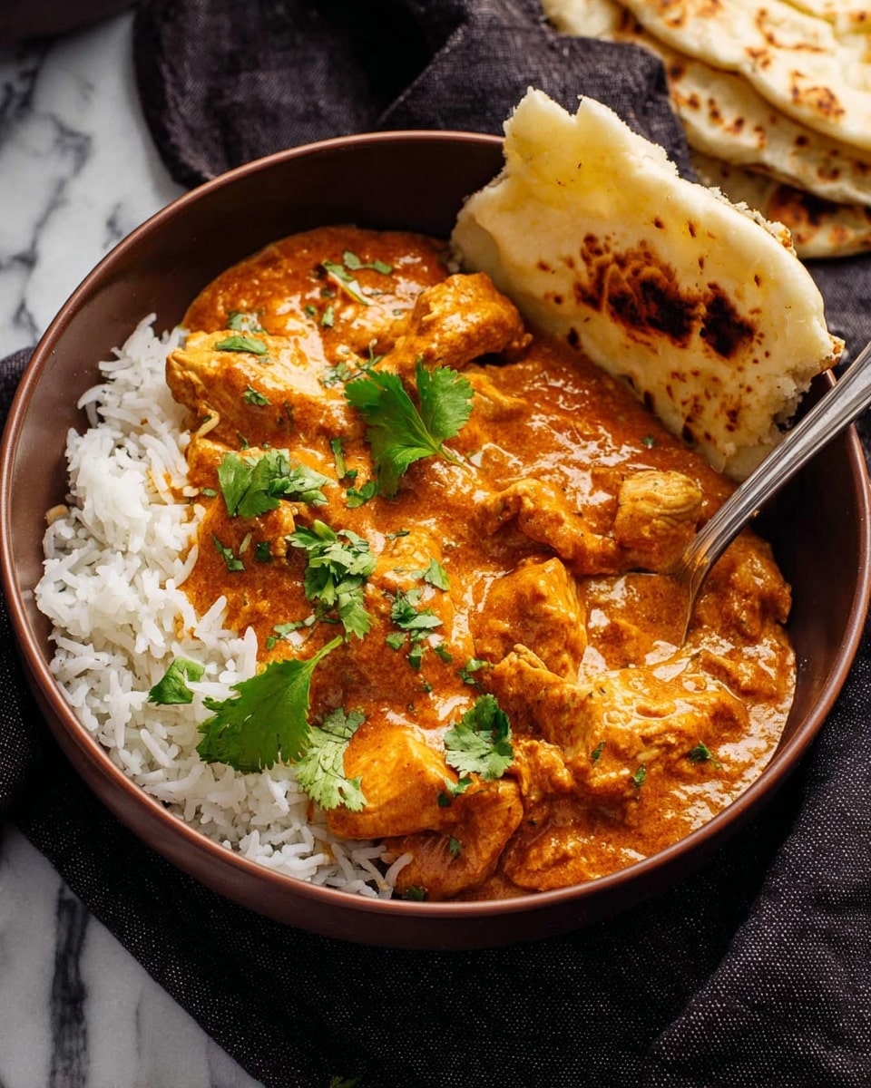A brown bowl filled with a base layer of white rice, topped unevenly with pieces of cooked chicken covered in a thick, orange-brown sauce. Fresh green cilantro leaves are scattered on top for garnish. On the right side of the bowl, a piece of folded flatbread with brown spots leans against the chicken and rice. A silver spoon rests inside the bowl on the right side, partially submerged in the sauce. The bowl sits on a dark cloth with a white marbled surface underneath. Photo taken with an iphone --ar 4:5 --v 7