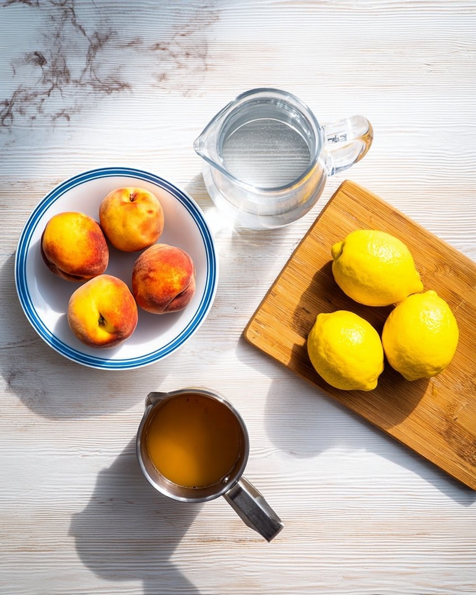 The image shows a white marbled surface with five whole peaches in a white bowl with a blue rim on the left side. Above the bowl is a clear glass pitcher filled with water. To the right of the pitcher, there is a wooden cutting board with six yellow lemons on it. Below the cutting board, there is a metal measuring cup filled with light brown liquid, placed directly on the surface. photo taken with an iphone --ar 4:5 --v 7