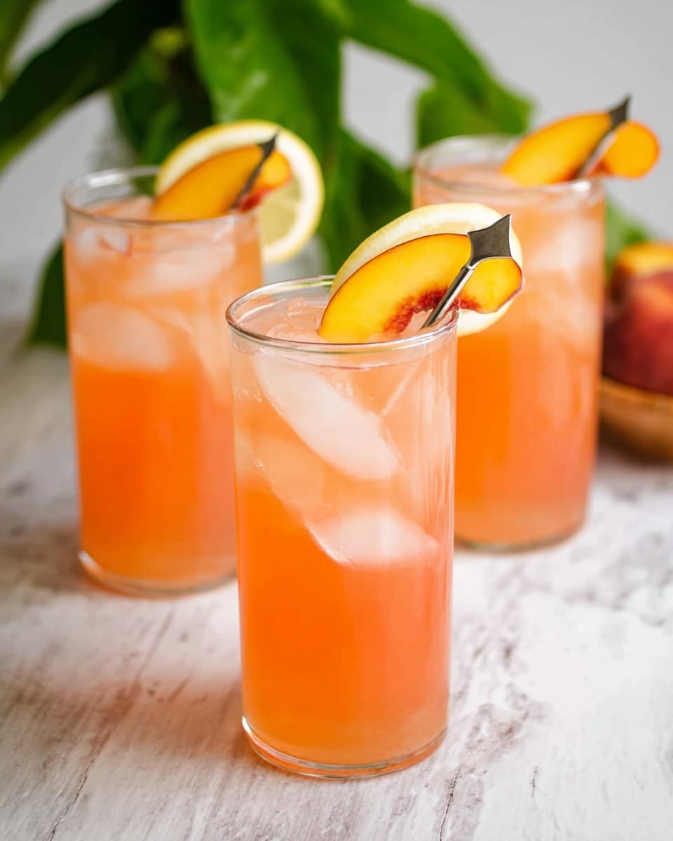 Three clear tall glasses sit on a white marbled surface, each filled with light orange and pinkish liquid. Inside each glass are a few large, white ice cubes. A thin lemon slice leans against the inner glass wall, showing its bright yellow color. On the rim of the glass in the front, a bright orange peach slice is placed, held by a silver decorative stir stick with a small arrow design on top. In the background, there are green leaves that add a fresh touch to the scene. The photo taken with an iphone --ar 4:5 --v 7