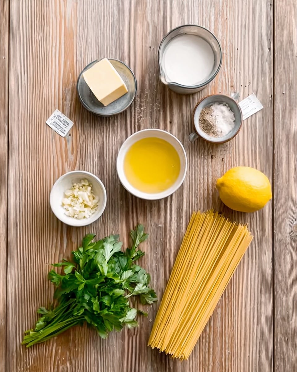 The image shows a wooden surface with several cooking ingredients neatly arranged. At the top center, there is a small white bowl containing pepper and salt. Below it, a small white bowl with melted yellow butter sits in the middle. To the right of the butter, there is a whole yellow lemon. On the bottom right, a bundle of dry spaghetti pasta lies flat. On the bottom left, a bunch of fresh green parsley sits with a white label attached. Above it, a small white bowl holds finely chopped garlic. To the top left, a measuring cup contains milk. Next to the milk, a small bowl has a square piece of butter. The surface is plain wood, showing light grain and texture. photo taken with an iphone --ar 4:5 --v 7