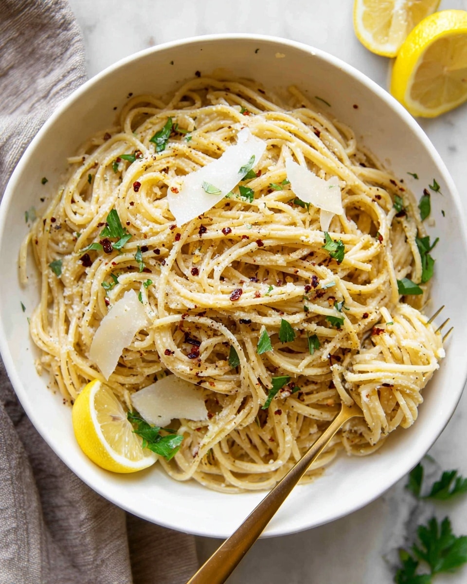 A white bowl filled with spaghetti noodles sits on a white marbled surface; the noodles are light golden and tangled in layers with thin, irregular white cheese slices spread on top. Dark specks of black pepper and small red chili flakes are sprinkled across the spaghetti, adding texture and contrast. A few sprigs of bright green parsley leaves rest on the noodles and around the bowl’s edge. Two lemon wedges with green herb bits sit near the side, and a gold fork is placed partially inside the bowl on the right. Photo taken with an iphone --ar 4:5 --v 7