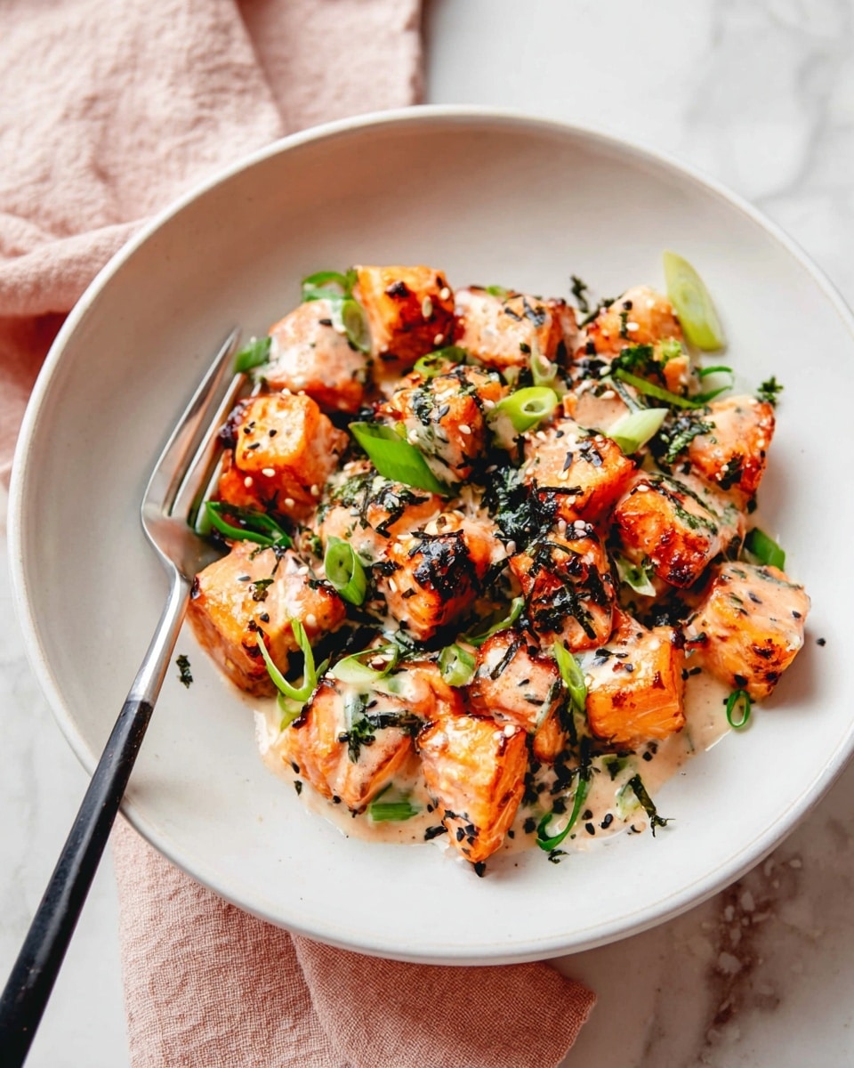 The dish shows a white shallow bowl filled with many small, cubed pieces of cooked salmon with a slightly charred look, covered in a light creamy sauce. The salmon cubes are bright orange with crisp brown edges. Scattered green chopped scallions and small black seaweed bits sit on top and between the salmon pieces. A few sesame seeds are sprinkled over everything. A silver fork with a black handle rests on the left side of the bowl. The bowl is placed on a white marbled surface with a soft light pink cloth nearby. Photo taken with an iphone --ar 4:5 --v 7