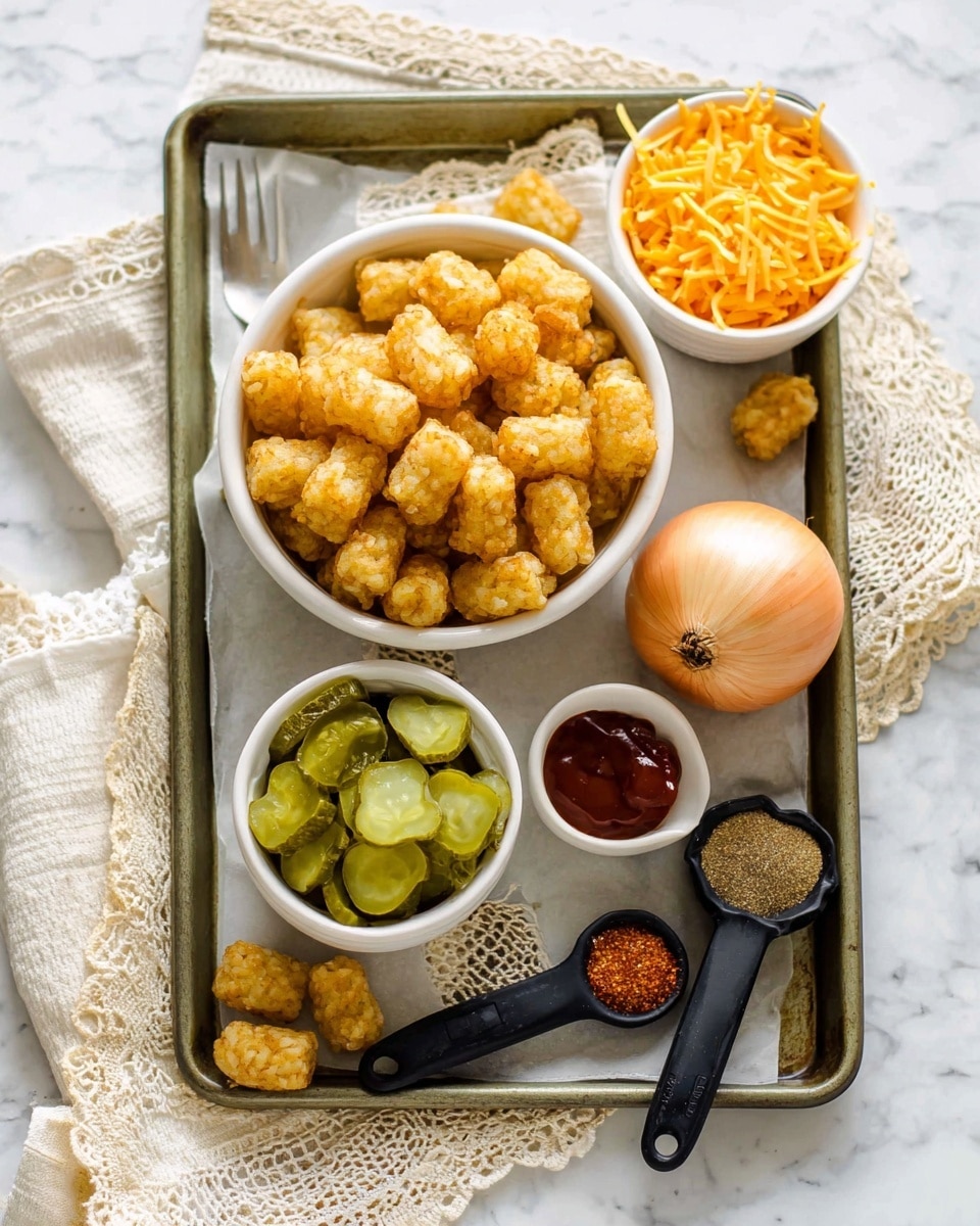 The image shows a baking tray on a white marbled surface holding three white bowls and some cooking spoons. The largest bowl in the center is filled with golden brown crispy tater tots. Above it, a smaller white bowl is filled with shredded bright orange cheddar cheese. To the bottom left sits another white bowl with heart-shaped green pickle slices on top and finely chopped pickles beneath them. On the right side of the tray, there is a whole light brown onion. Near the onion are two black measuring spoons; one spoon has a reddish-brown spice and the other has a pale yellow spice. At the very bottom right of the tray, another measuring spoon holds a small amount of thick dark red sauce. The tray rests on a cream-colored cloth with lace trim visible beneath it. photo taken with an iphone --ar 4:5 --v 7