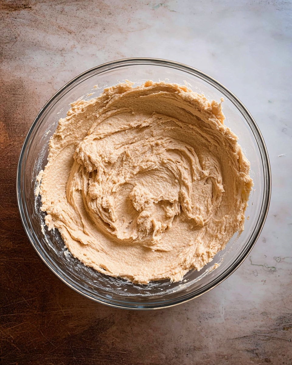 A clear glass bowl filled with one thick layer of light brown, creamy dough that has a slightly rough texture and uneven swirling marks on the surface, placed on a white marbled textured surface photo taken with an iphone --ar 4:5 --v 7